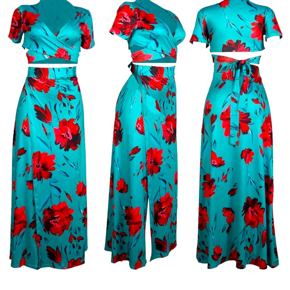 Meslima Womens Maxi Skirt Set S Crop Top High Slit Sexy Turquoise Floral Beachy